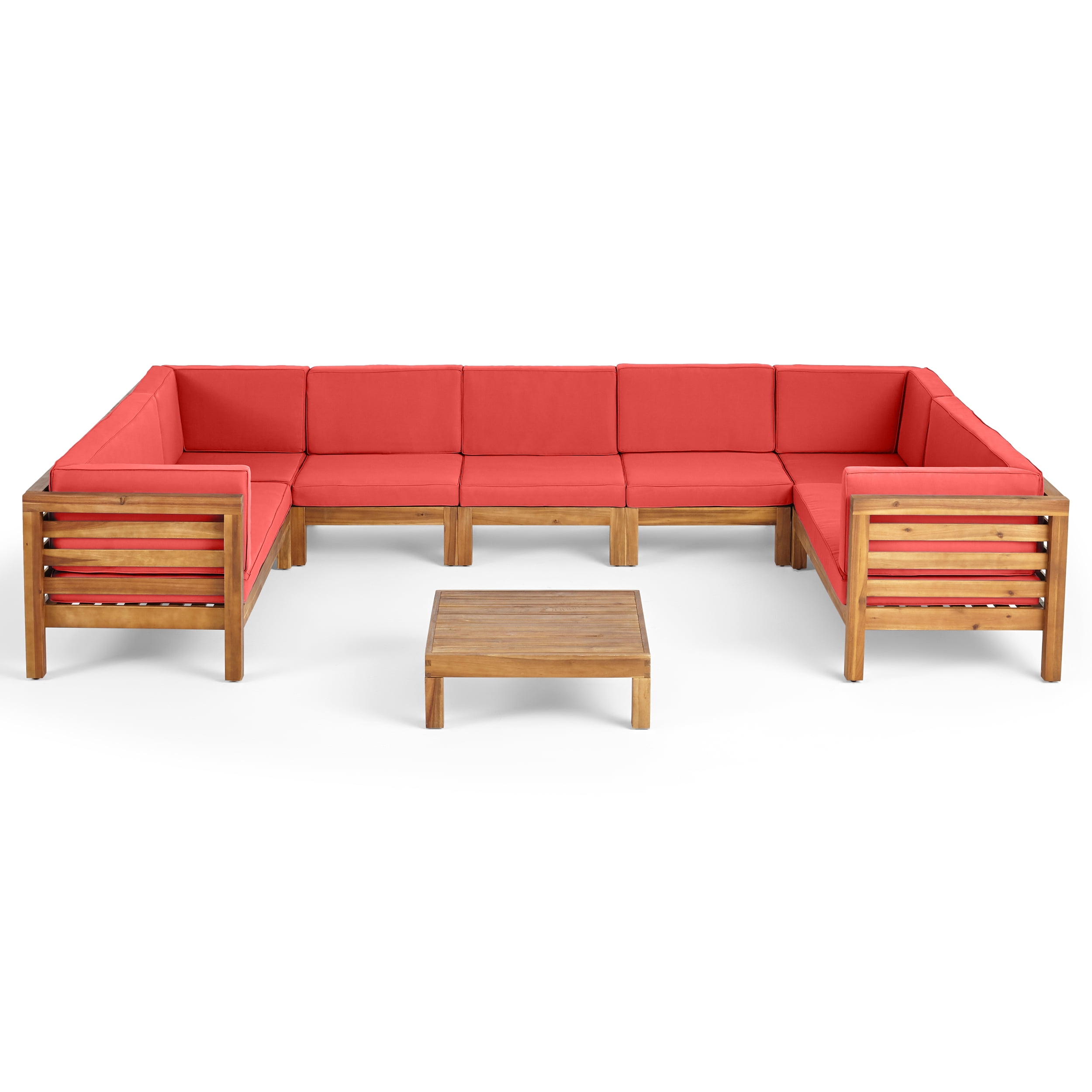 Graham Outdoor 9 Seater Acacia Wood Sectional Sofa Set, Teak Finish, Red