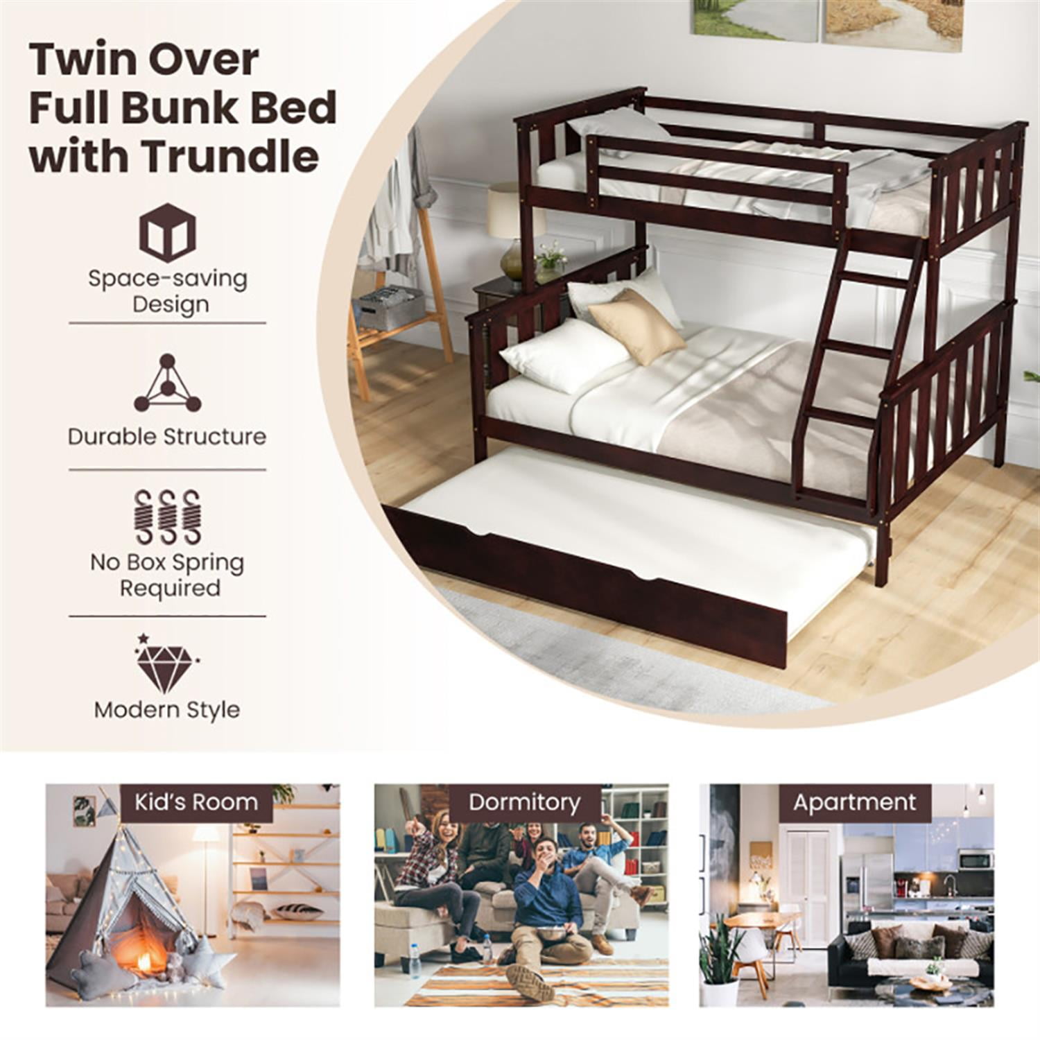 Demi Bonn 3-in-1 Twin Over Full Bunk Bed with Trundle and Ladder, Twin Bunk Beds, Bunk Beds, Black