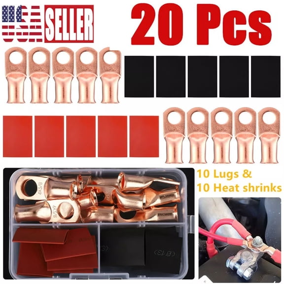 20pcs 1/ 0 AWG-3/ 8" Battery Lugs, Copper Wire Lug, Heavy Duty Battery Cable Ends, Tubular Ring Terminals, AWG Crimp Wire Ring Lugs, Battery Terminal Connectors With 3:1 Heat Shrink Tubing