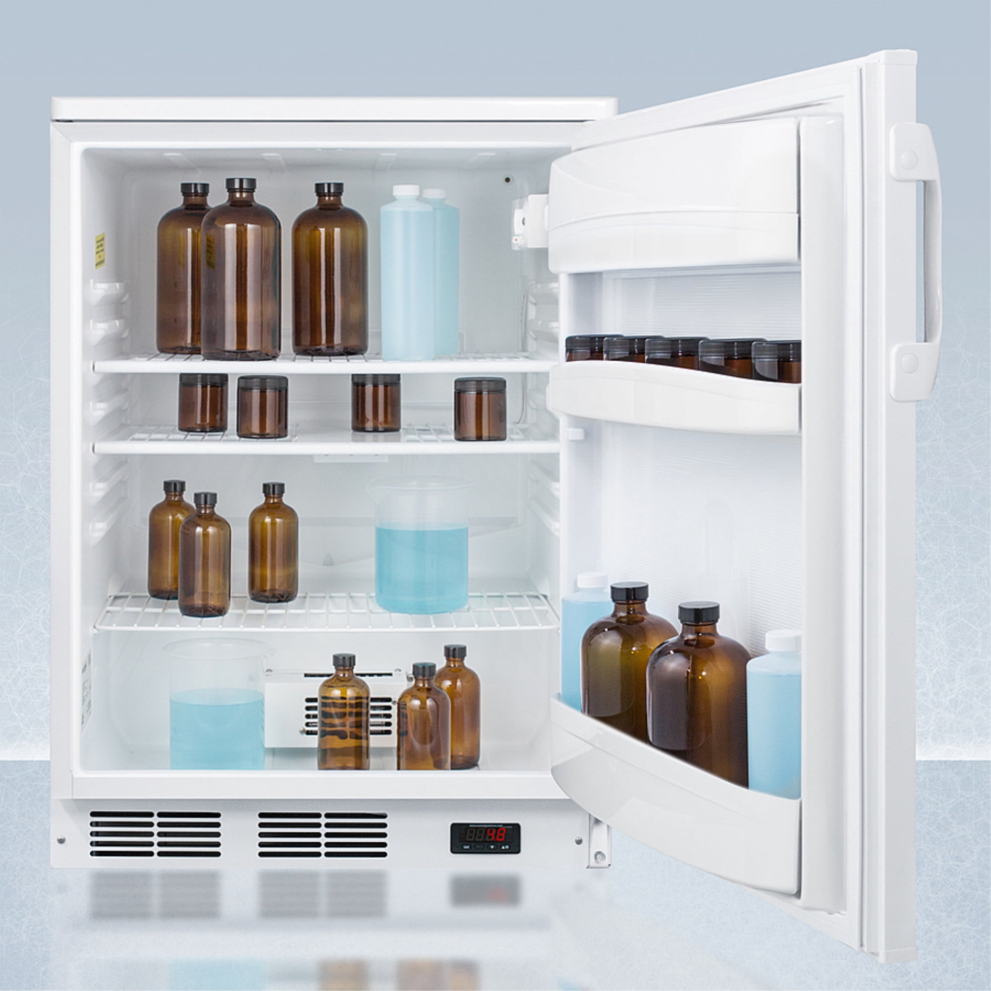 24" wide auto defrost all-refrigerator with lock, digital thermostat, internal fan, door storage, and access port for user-provided monitoring equipment