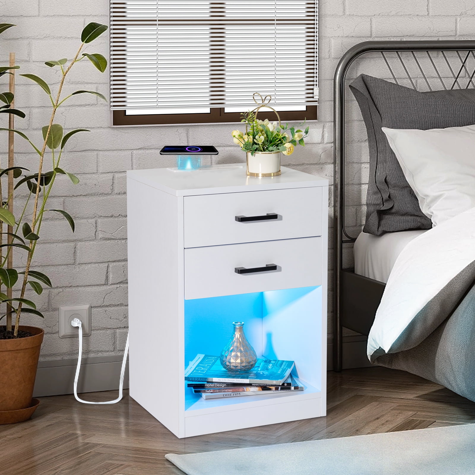 Ktaxon LED Nightstand with Wireless Charging, Bedside Plugs, Powered