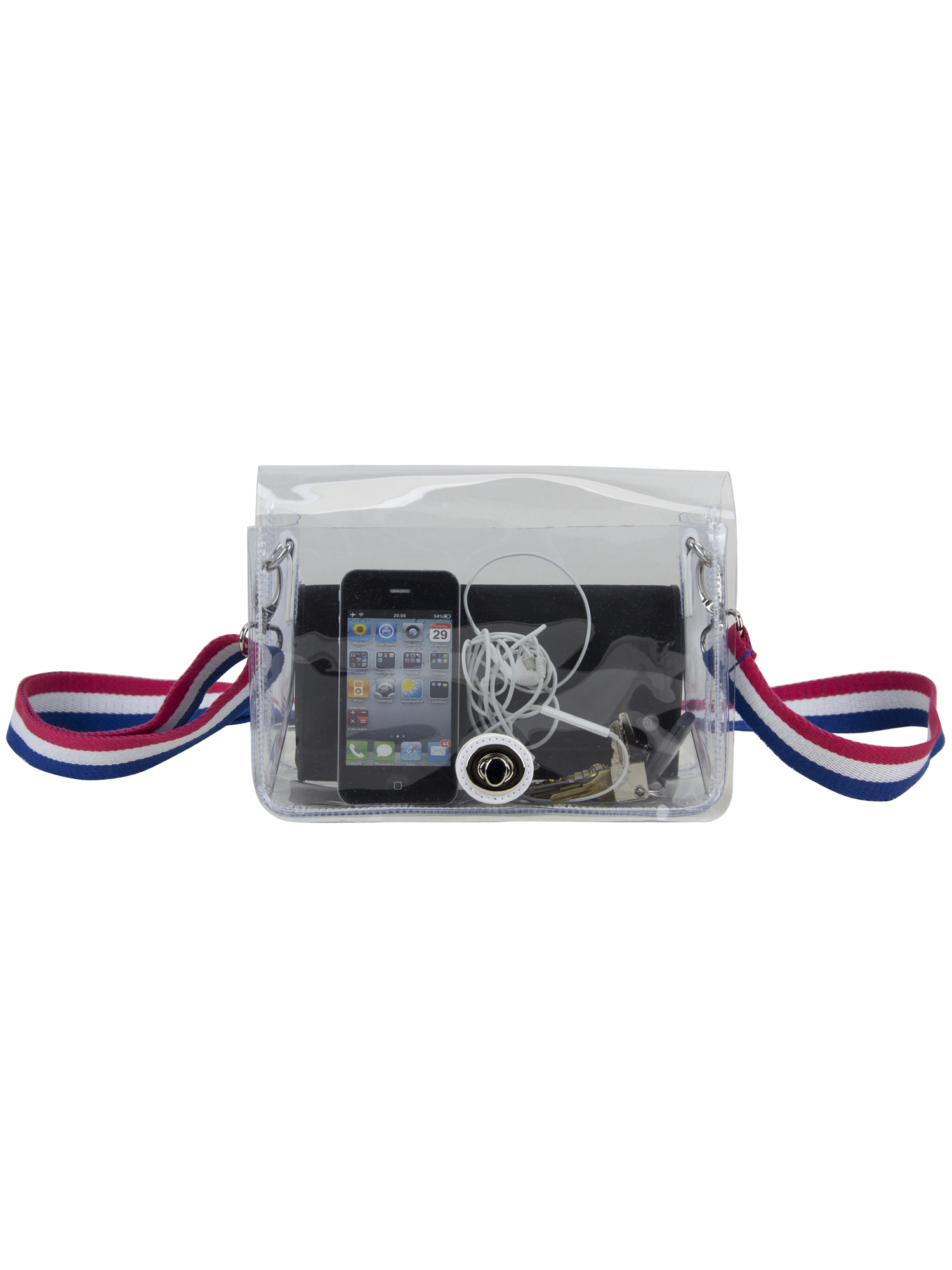 Eastsport Limited Micah Clear Crossbody with Webbing Strap, Red White Blue Stripe