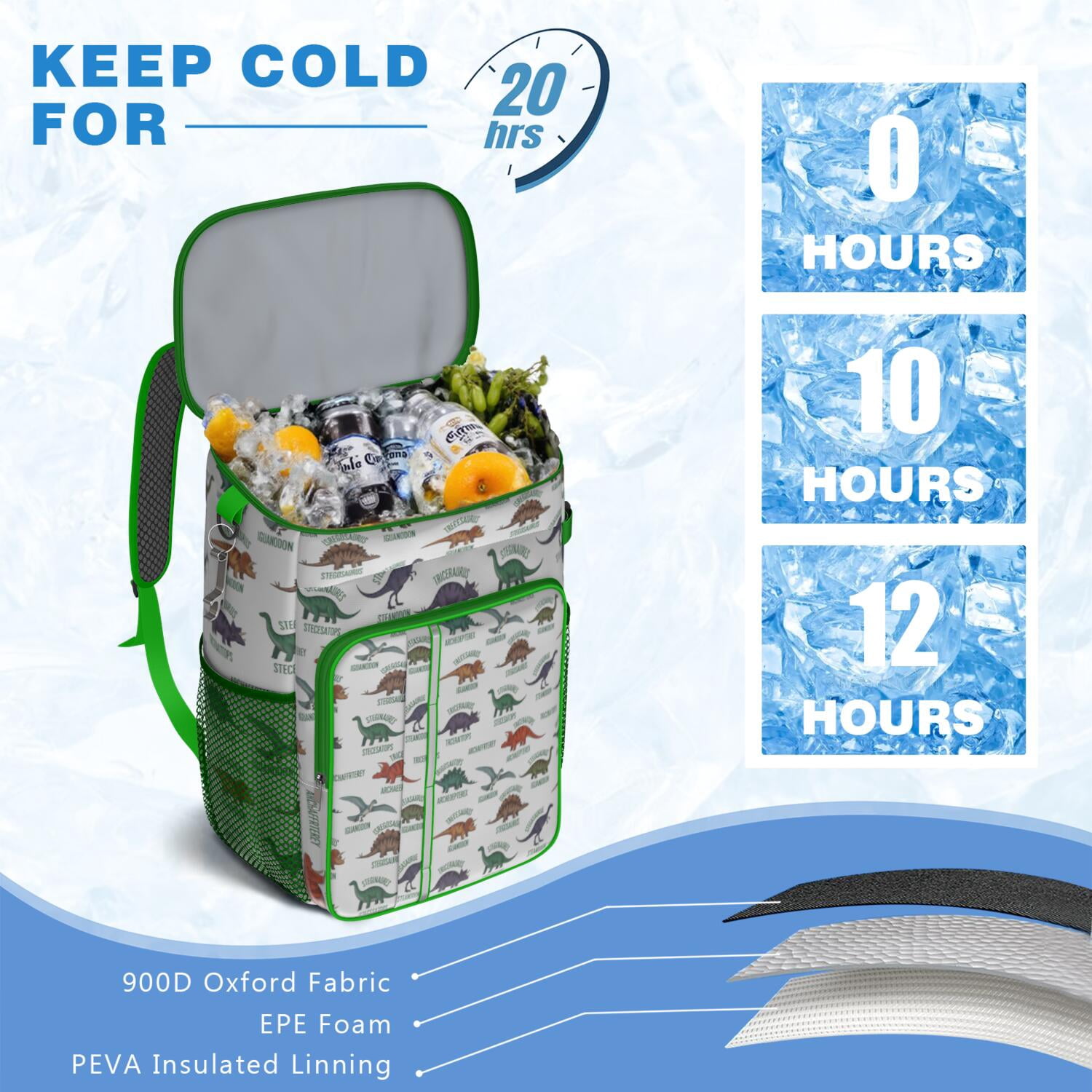 Travel Cooler Bag - White Cartoon Dinosaurs Names Pattern Camping Beer Cooler Backpack with Bottle Opener- Waterproof Insulated Picnic Backpacks - Cooler Bag for Beach
