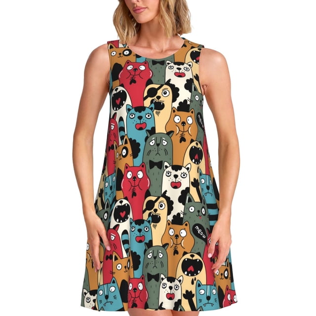 Xecao Différents Chats 1 pour Robes d'Été pour Femmes Robes Décontractées de Plage Robes de Plage Sans Manches T-Shirt Robe Évasée avec Poches