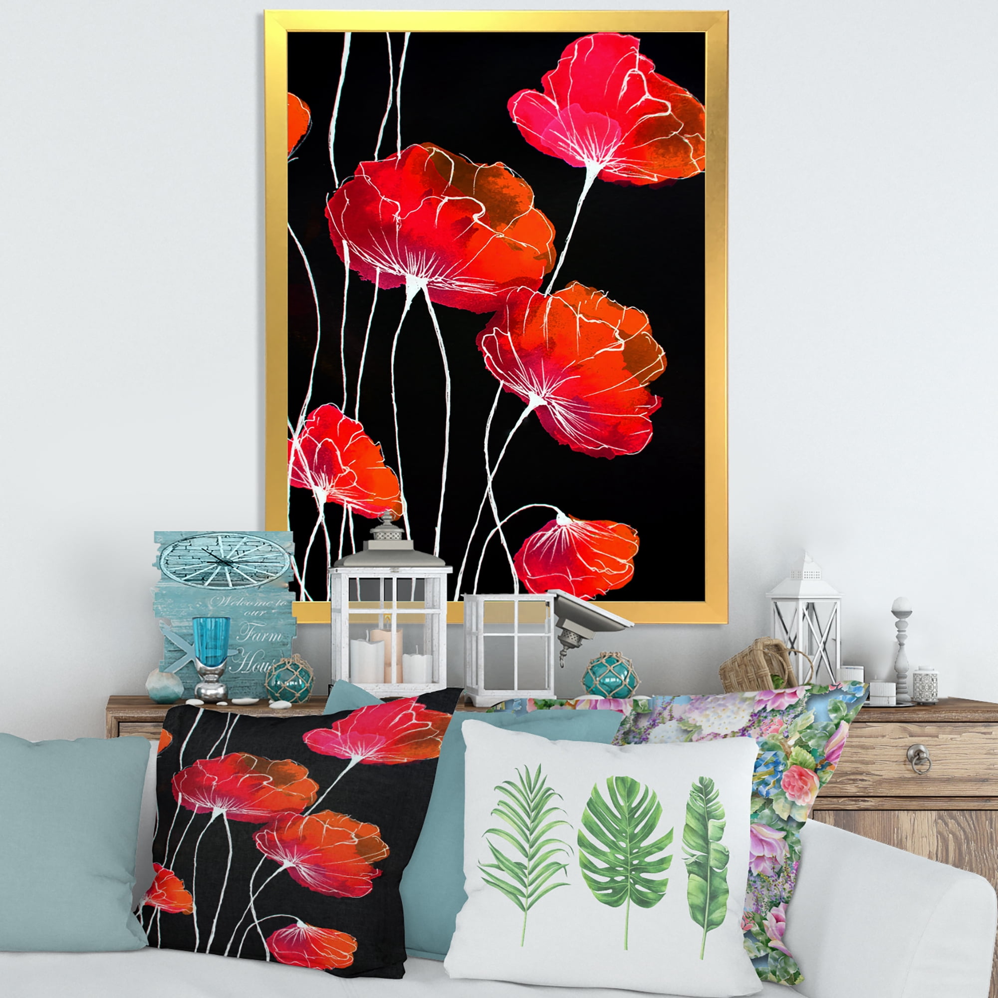 Designart 'Abstract Red Flower Detail On Black Background II' Traditional Framed Art Print