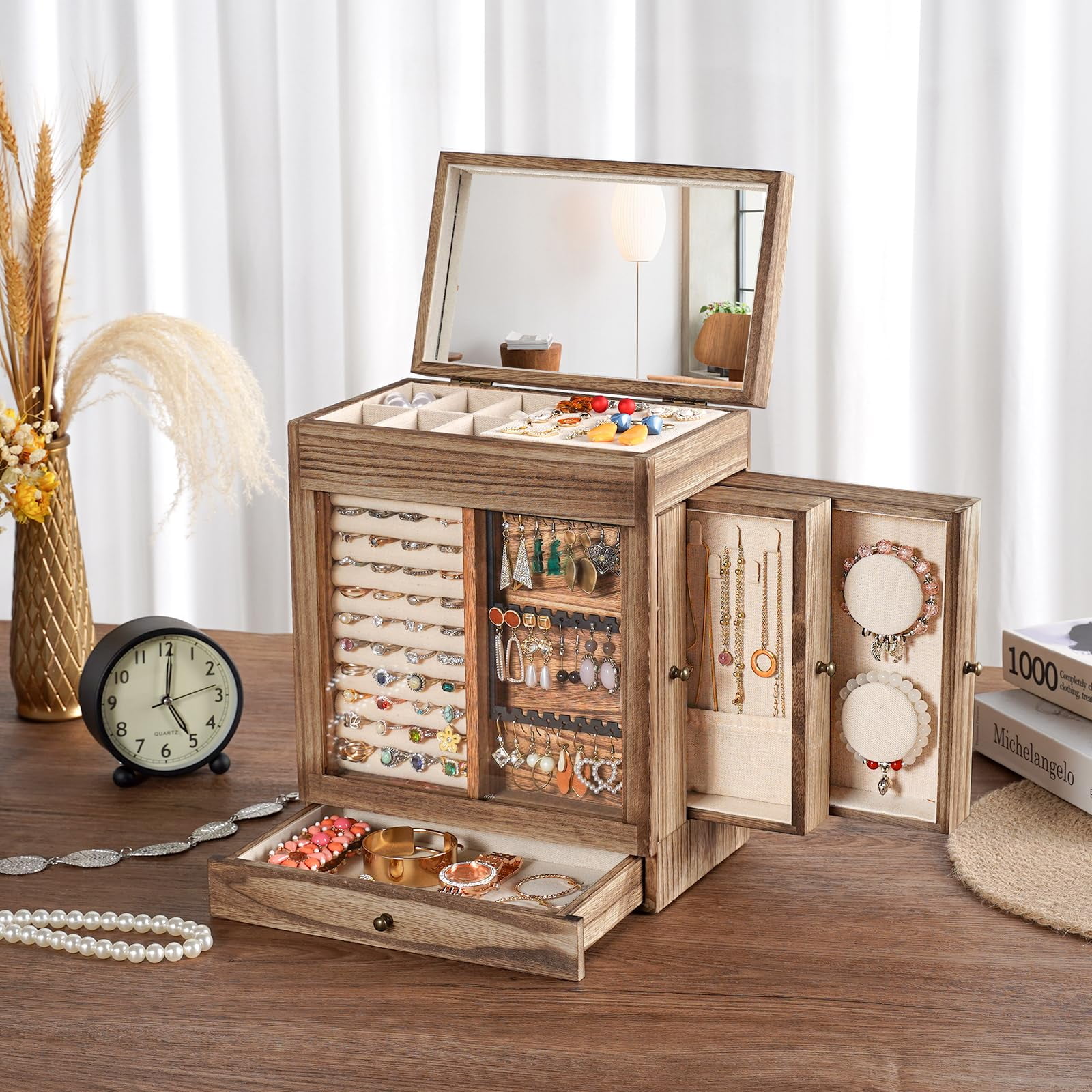 Sfugno Large Wood Jewelry Box for Women with Glass Window and 3