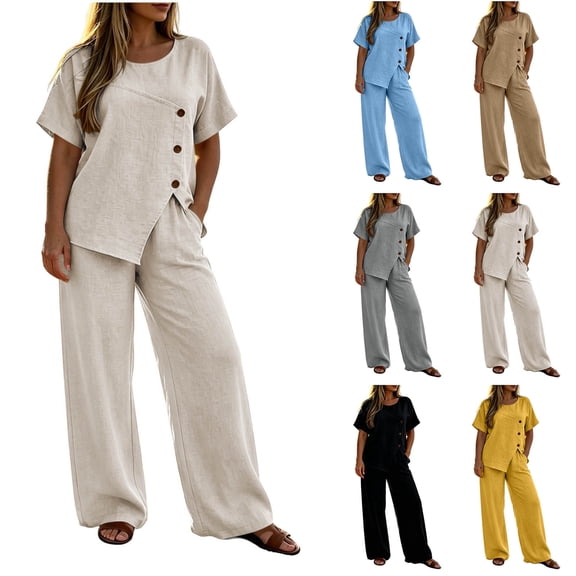 Two Piece Lounge Sets for Women Fashion Buttons Side Slit Solid Color Round Neck Short Sleeve Tops Elastic Waist Pants Sets Lounge Sets Wide Leg Pants Sets with Pockets