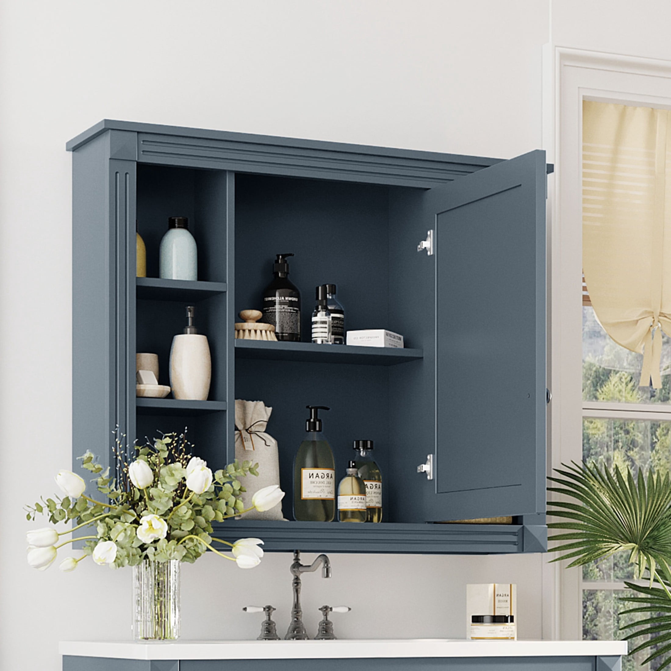 Noble House Wall Mounted Bathroom Mirror Cabinet with Open Shelves, Medicine Storage Cabinet, Blue