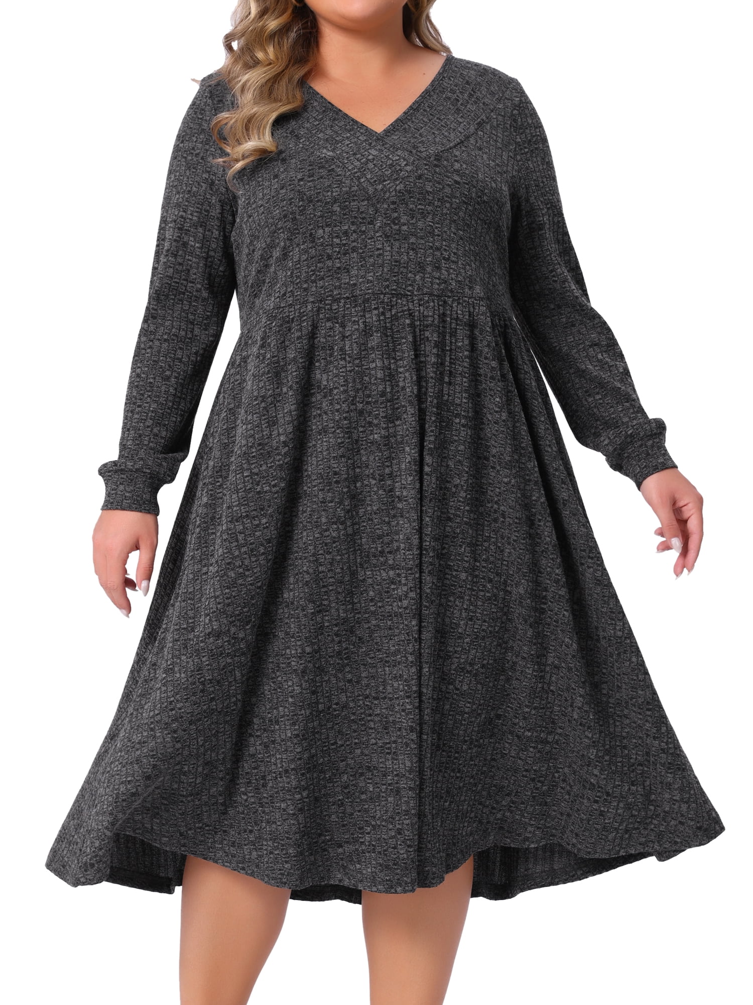 DARING DIVA Plus Size V Neck Long Sleeve Ribbed Knit A Line Dress 2X Dark Gray
