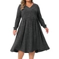 thumbnail image 2 of DARING DIVA Plus Size V Neck Long Sleeve Ribbed Knit A Line Dress 1X Dark Gray, 2 of 6