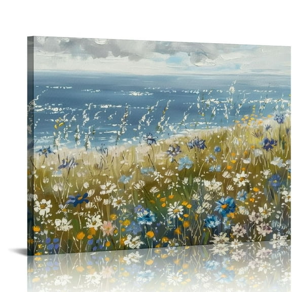 JEUXUS Canvas Wall Art Beach Floral Wall Picture Coastal Boho Farmhouse Daisy Flowers Nautical Sea Ocean Wildflowers Canvas Print Vintage Artwork for Small Rustic Bathroom Bedroom Office Décor