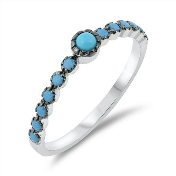 Simulated Turquoise Round Black Halo Dainty Stacking Ring Sterling Silver Band Blue CZ Female Size 6