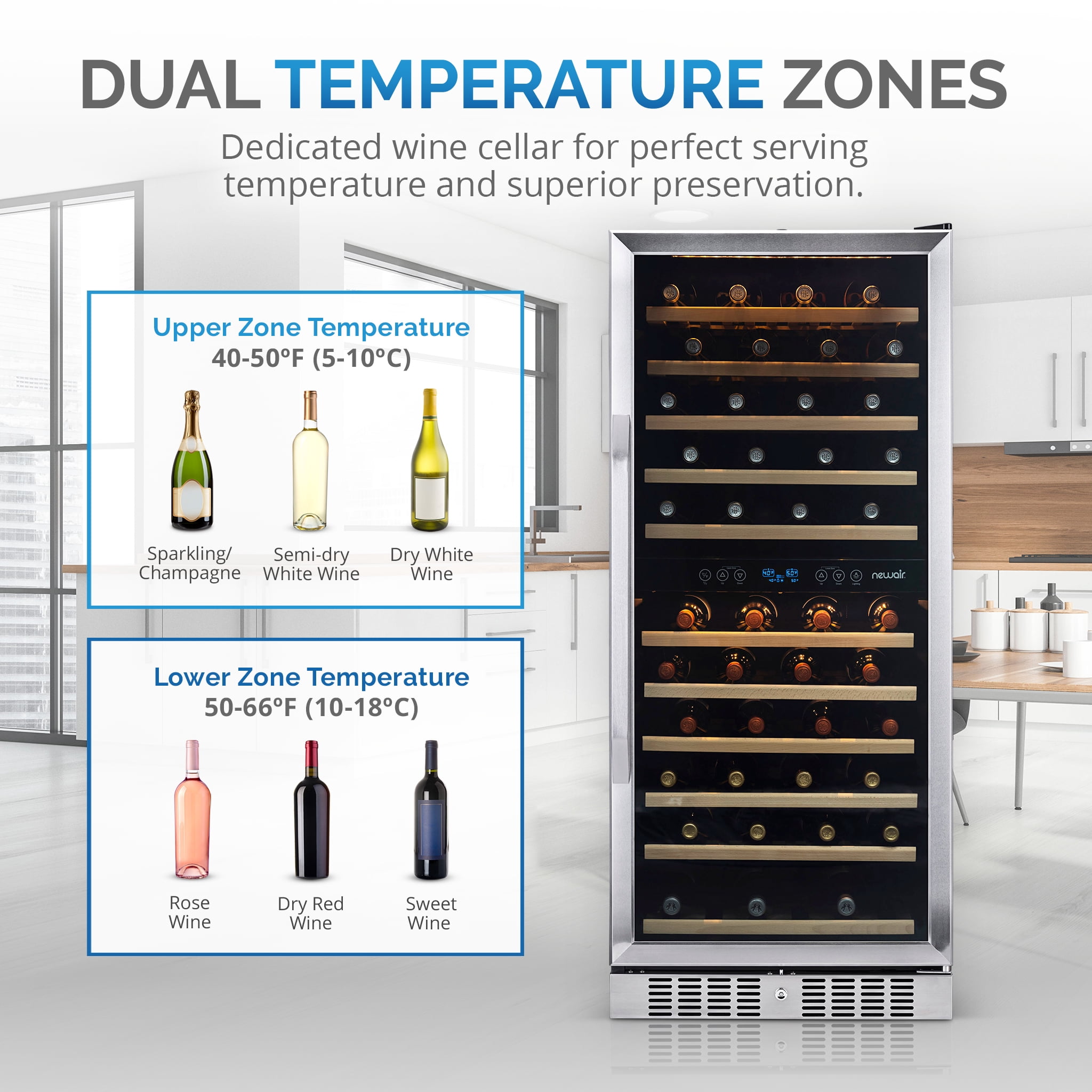 NewAir Dual Zone 116 Bottle Beverage Cooler with Beechwood Shelves, Stainless Steel