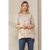 Multi Color Print Knit Sweater S,M.L Multi color print knit sweater featuring long sleeves, a round neckline, and hi-lo hem. 68% Polyester 28% Rayon 4% Spandex Taupe