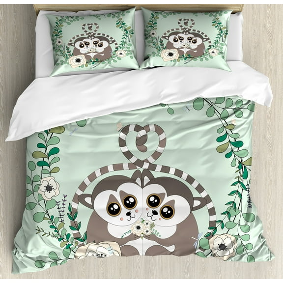Lemur Duvet Cover Set, Exotic Wild Monkey Couple Botanical Print, Decorative 3 Piece Bedding Set with 2 Pillow Shams, King Size, Pale Green Umber, by Ambesonne