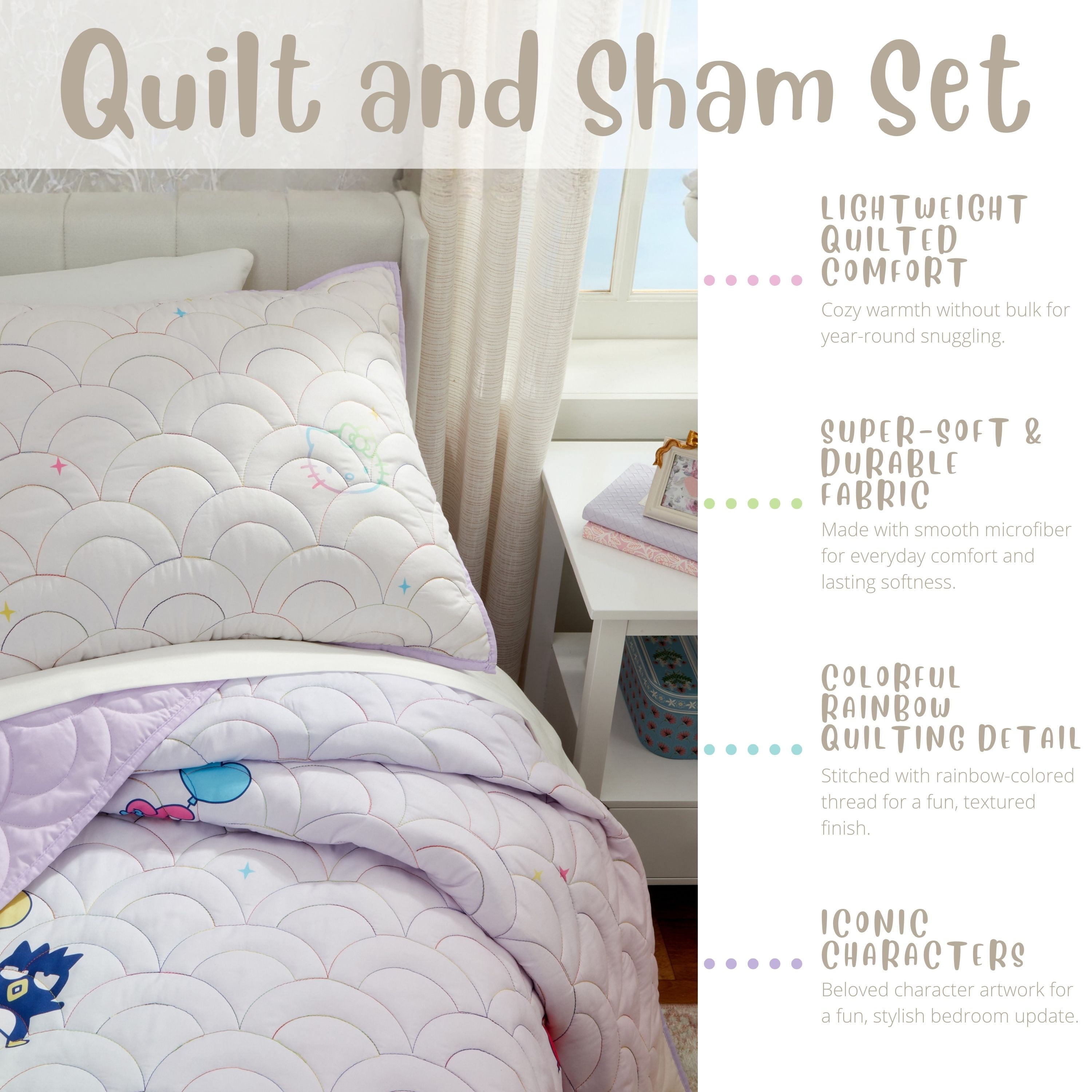 Hello Kitty and Friends Rainbow Ombre 3 Piece Quilt and Sham set, Queen