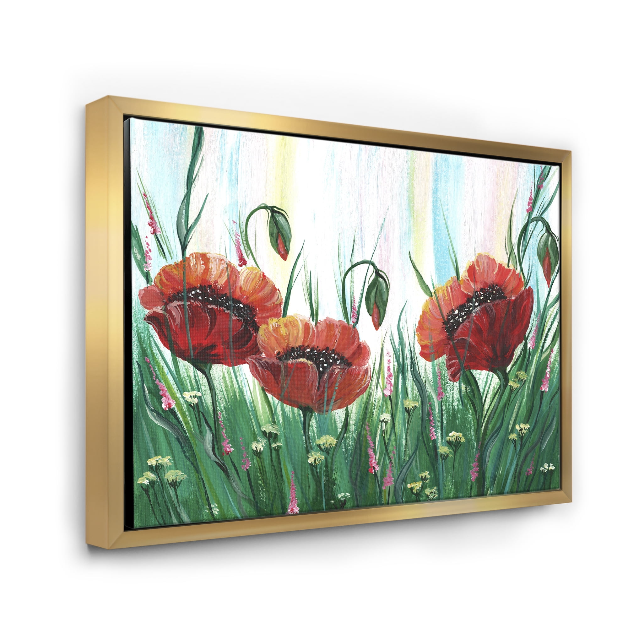 Designart 'Three Red Bright Poppy Flowers On A Green Meadow' Traditional Framed Canvas Wall Art Print
