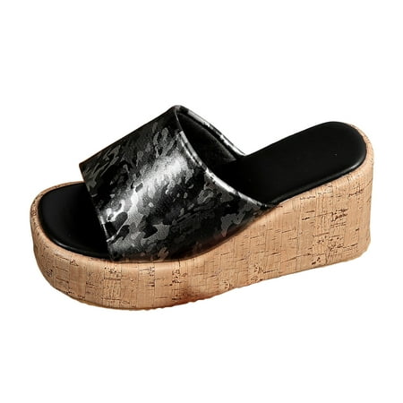 

MIASHUI Womens Sandals Shoes Floral Print Leather Fish Mouth Sloping Heel Thick Sole Sandals Casual Summer Shoes Grey 6.5