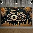 thumbnail image 5 of Golden Style Happy New Year Banner Fireworks Design 2026 Banner Clock City Silhouette Festive Banner for New Year Party Family Gathering Corporate Celebration, 5 of 9