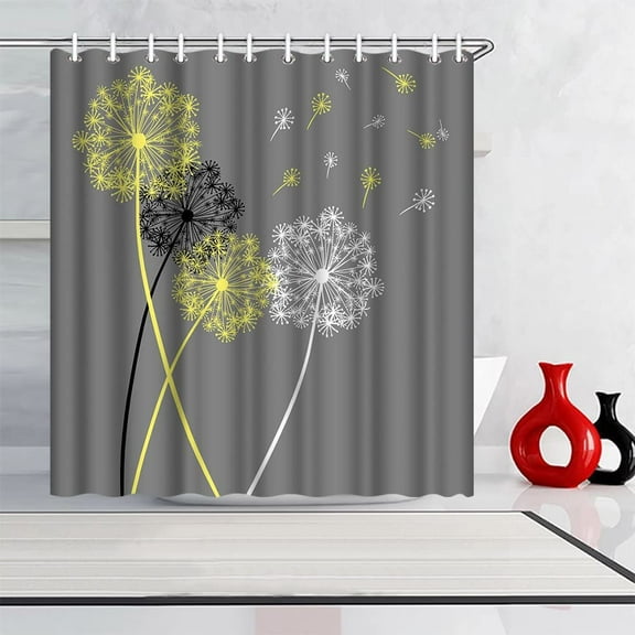 Yellow and Grey Dandelion Shower Curtain 72"x72" Flower Floral Shower Curtain Polyester Fabric Bathroom Decor, with Hooks
