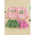 thumbnail image 3 of Toddler Baby Girl St.Patrick's Day Outfit Letter Embroidery Long Sleeve Sweatshirt Sequined Clover Mesh Tulle Skirt 2Pcs Clothes Set, 3 of 8