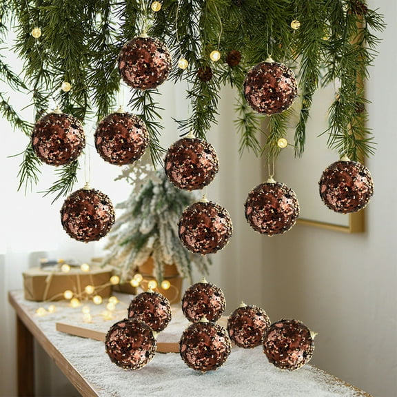 Iumwxz 3.14 Inch Brown Coffee Themed Foam Christmas Ball Ornaments with Glitter Finish for Tree Hanging Holiday Decorations Festive Plastic Arrangement for Sparkling Shine
