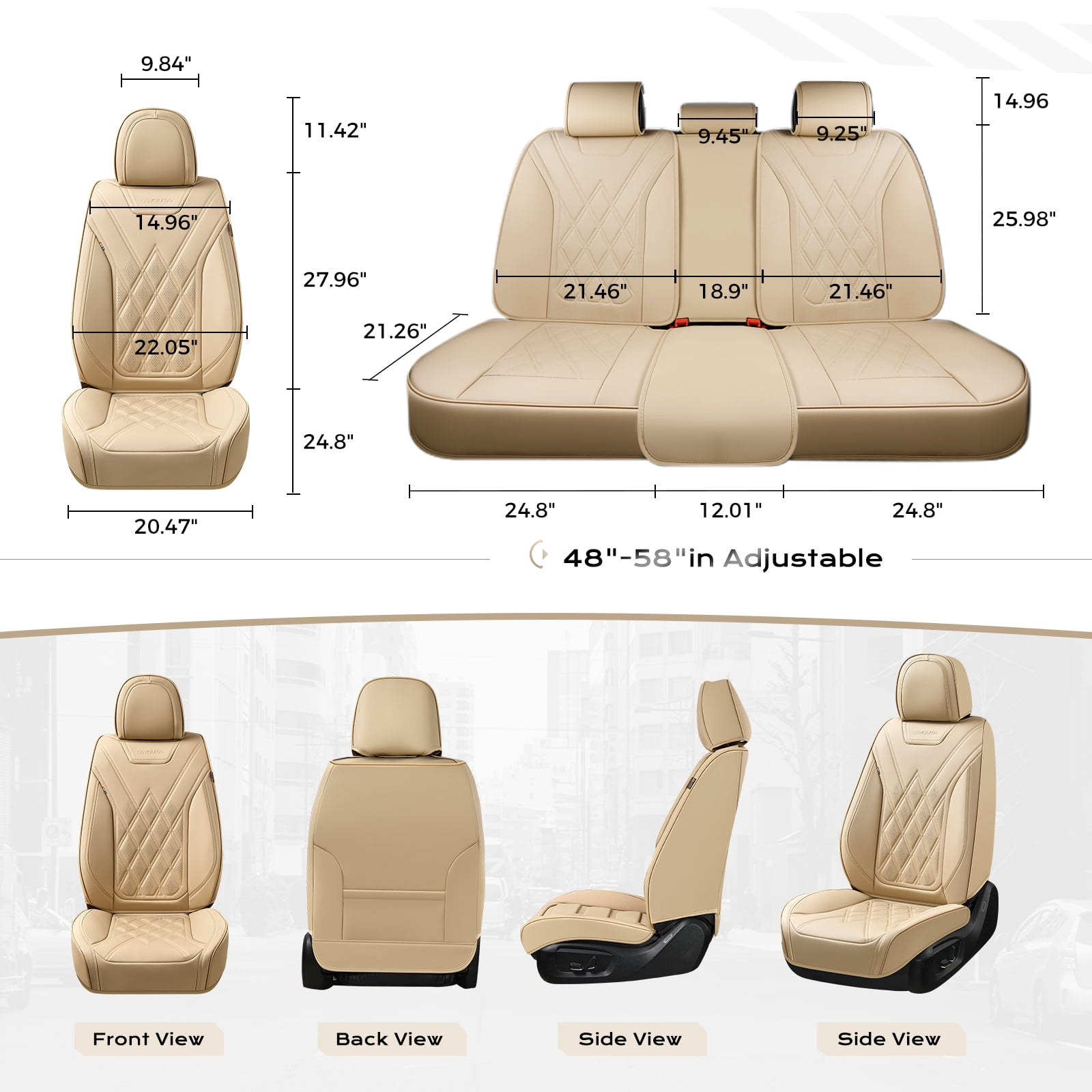 Coverado Full Set Covers For Cars, Waterproof Faux Leather Front and Rear Seat Protectors, Auto Cushions Universal Fit for Most Cars, Beige