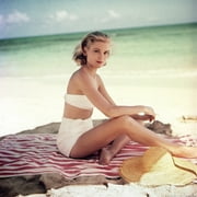 Grace Kelly - Sitting on Stirped Towel in White Bikini Photo Print (8 x 10)