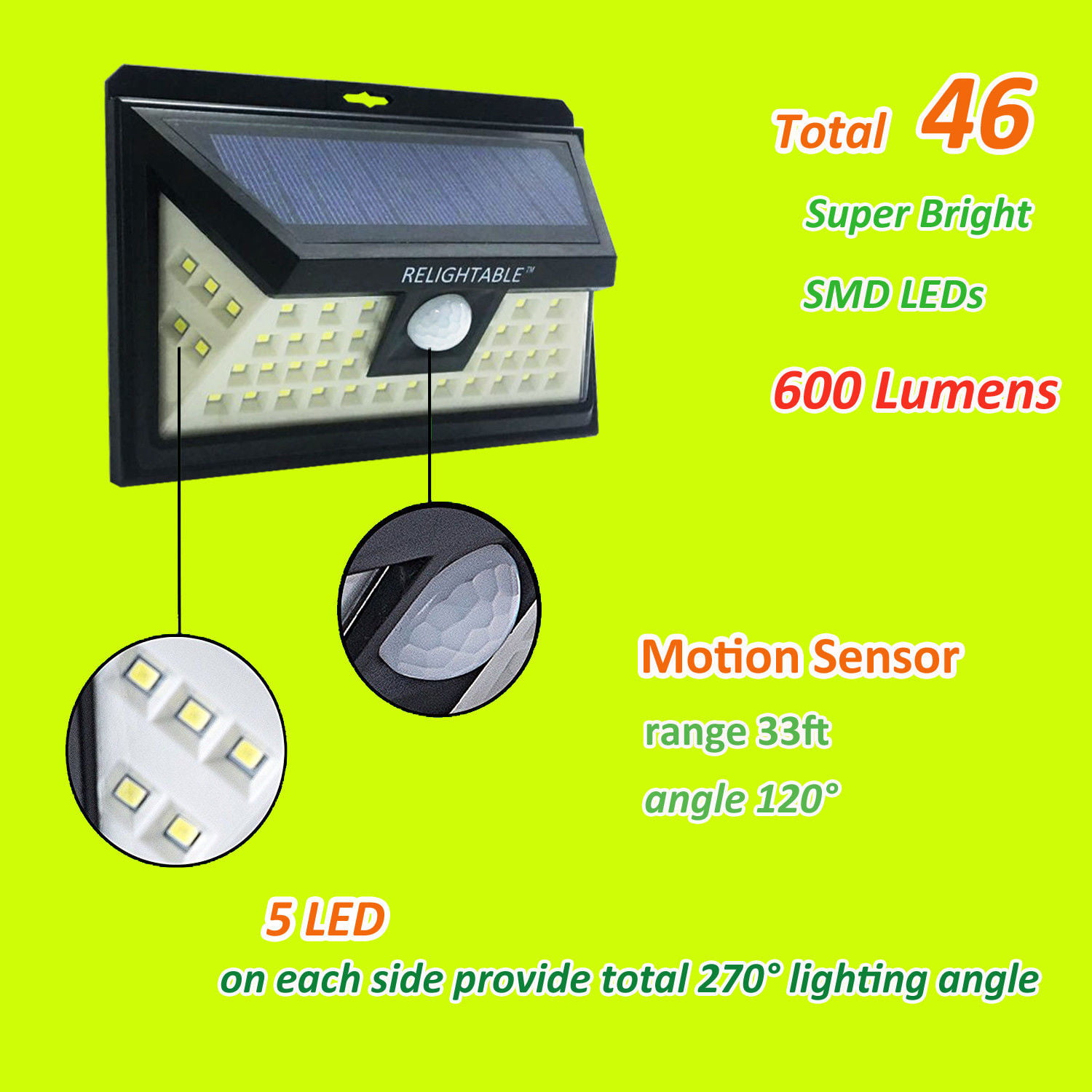 4-Pack RELIGHTABLE Solar Powered 46 LEDs 3D Motion Sensor Light 3-Mode MS46-4 
