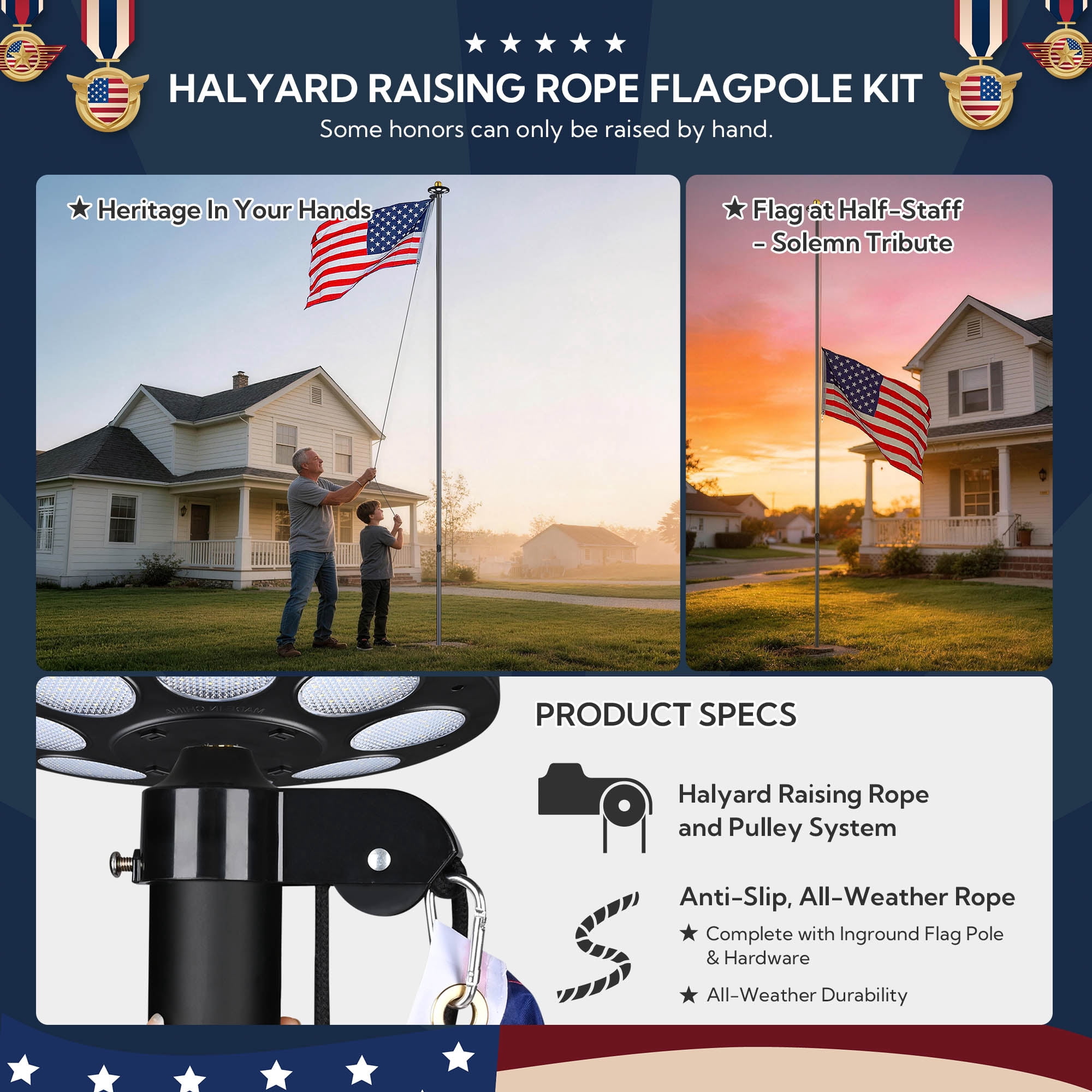 Yescom Bravery 25Ft Heavy Duty Sectional 13Gauge Aluminum Flag Pole Kit with 136 LED Solar Light US Flag Top Outside House Outdoor