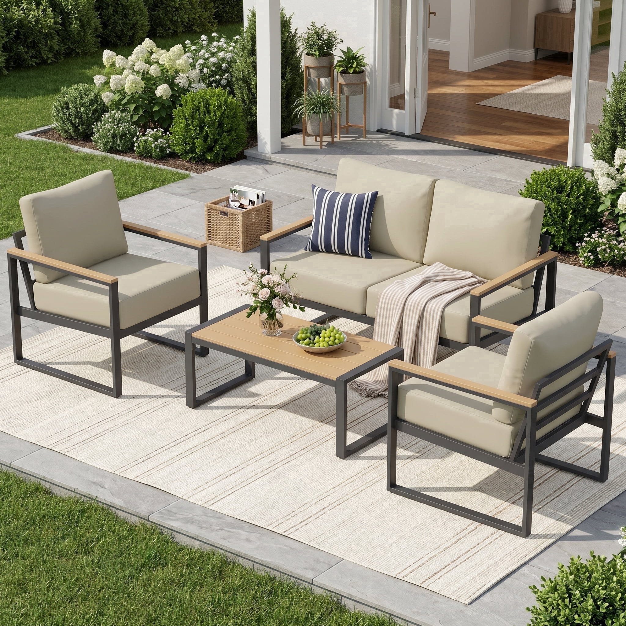 Sunmthink 4-Piece Outdoor Patio Furniture Set, Modern Metal Conversation Set for Porch, Deck, Balcony (Beige)