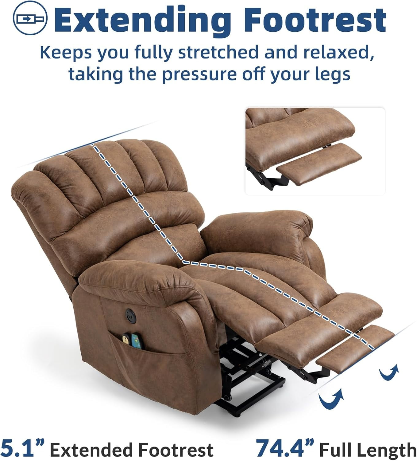 Large Electric Power Lift Recliner Chair with Extended Footrest for Elderly Tall Man, Overstuffed Heated Massage Wide Reclining Sofa with 2 Remote Controls, Side Pockets & USB Ports, Brown