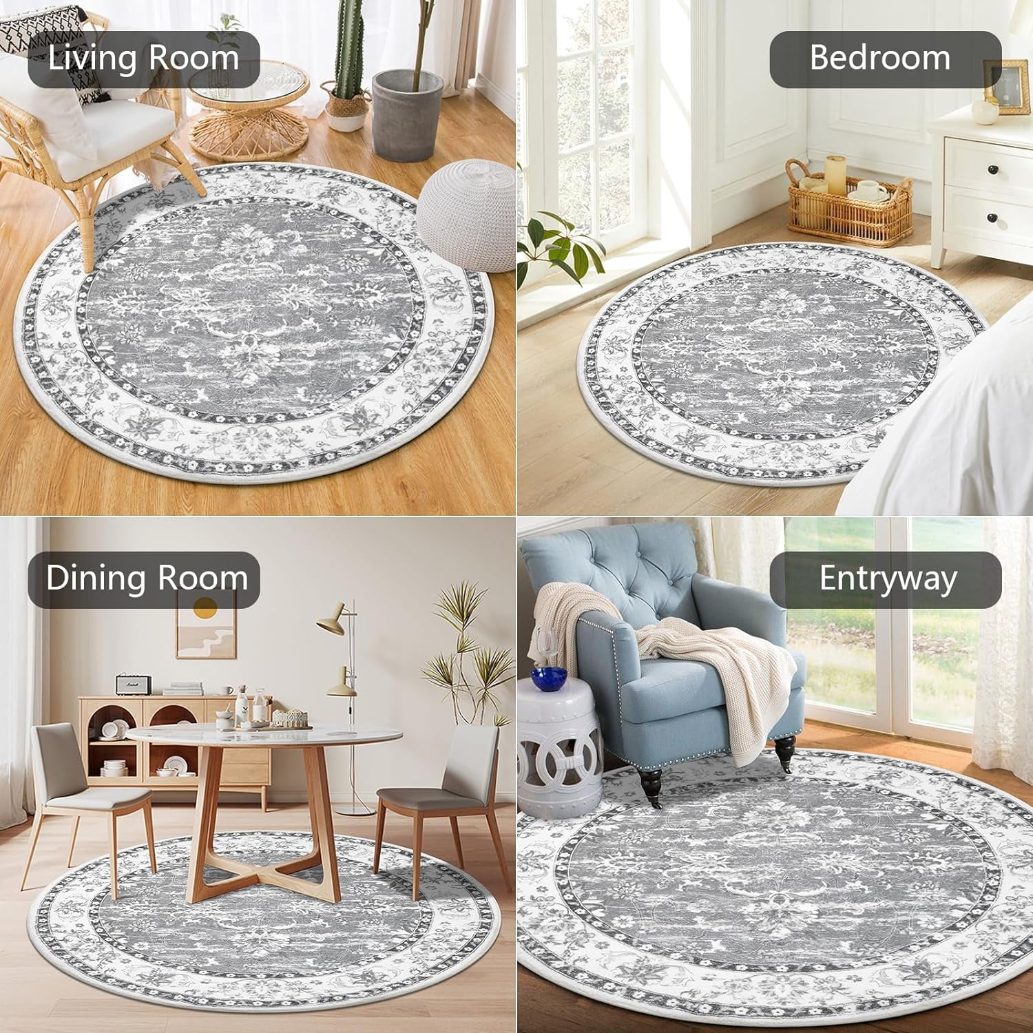 MJIAexp 4ft Mandala Boho Round Rug Circle Rug Non-Slip Machine Washable Area Rug Soft Bedroom Rug Throw Rug Vintage Carpet for Living Room Kitchen Dorm Coffee Table Distressed Gray