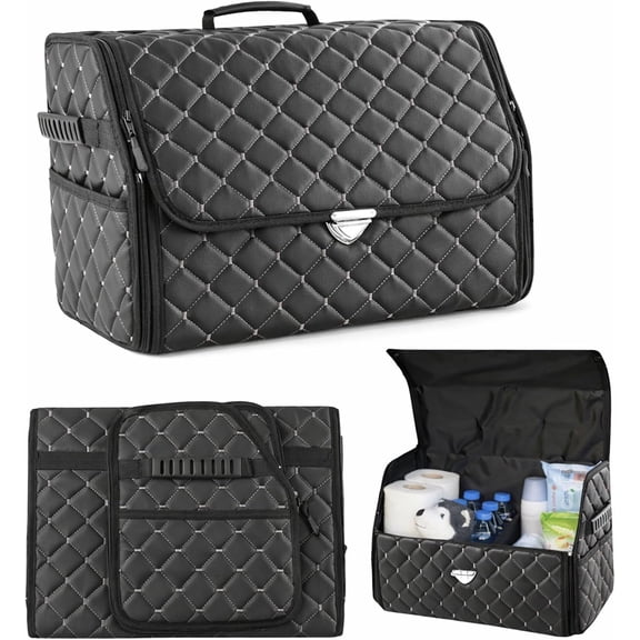 Leather Trunk Organizer with Lid for Suv and more, Foldable Car Organizer, Car Organizers and Storage with Pockets, Non-Slip Design (Grey-Black)