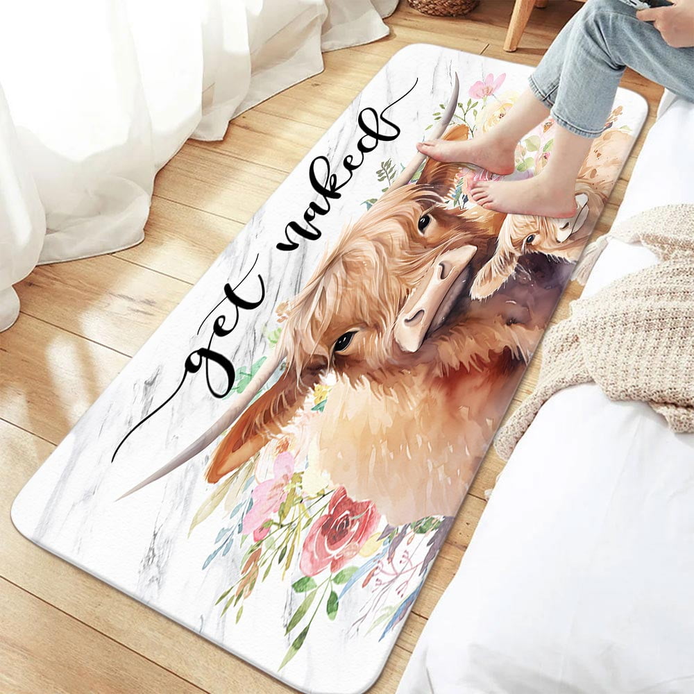Highland Cow Bathroom Rugs Funny Get Naked Bathroom Rugs Farmhouse Modern Non-Slip Bath Rugs Western Cow Bathroom Rugs Watercolor Flower Highland Cow Bathroom Rug Mat 17X48inch, Absorbent Bath Rugs
