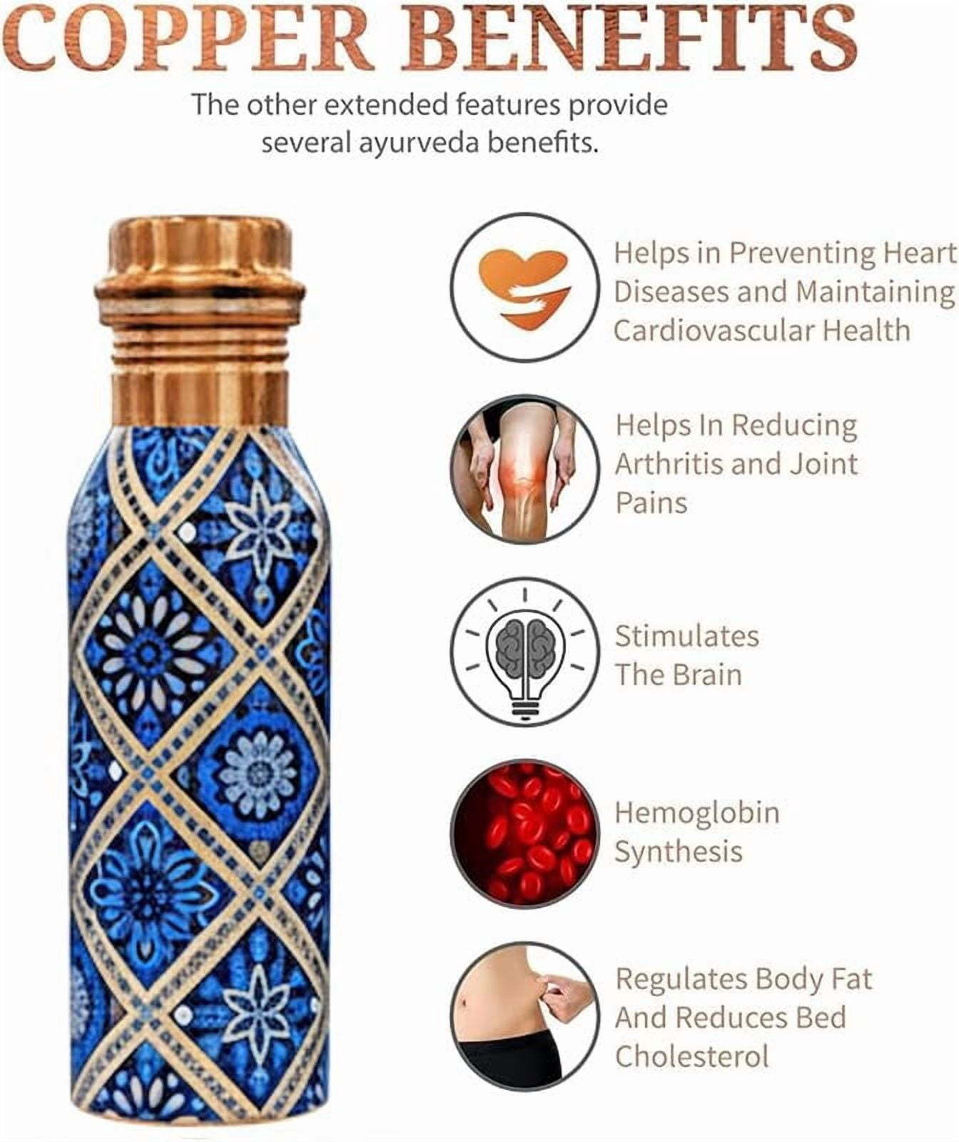 IMTRA FASHION Small Copper Water Bottle Combo 17 OZ/500 ML Color Engraving Work Drinking Flask Ayurvedic Leakproof Bottle for Sports, Yoga