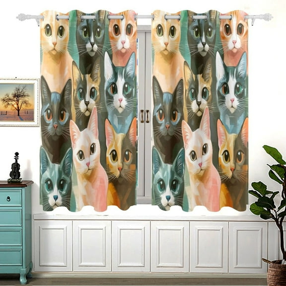 Colorful Cat Painting Blackout Curtains for Living Room Bedroom 55W x 54L Insulated Window Drapes 2 Panels