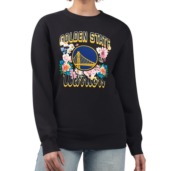 Women's G-III 4Her by Carl Banks Black Golden State Warriors Flowers Team Logo Graphic Fleece Crewneck Pullover