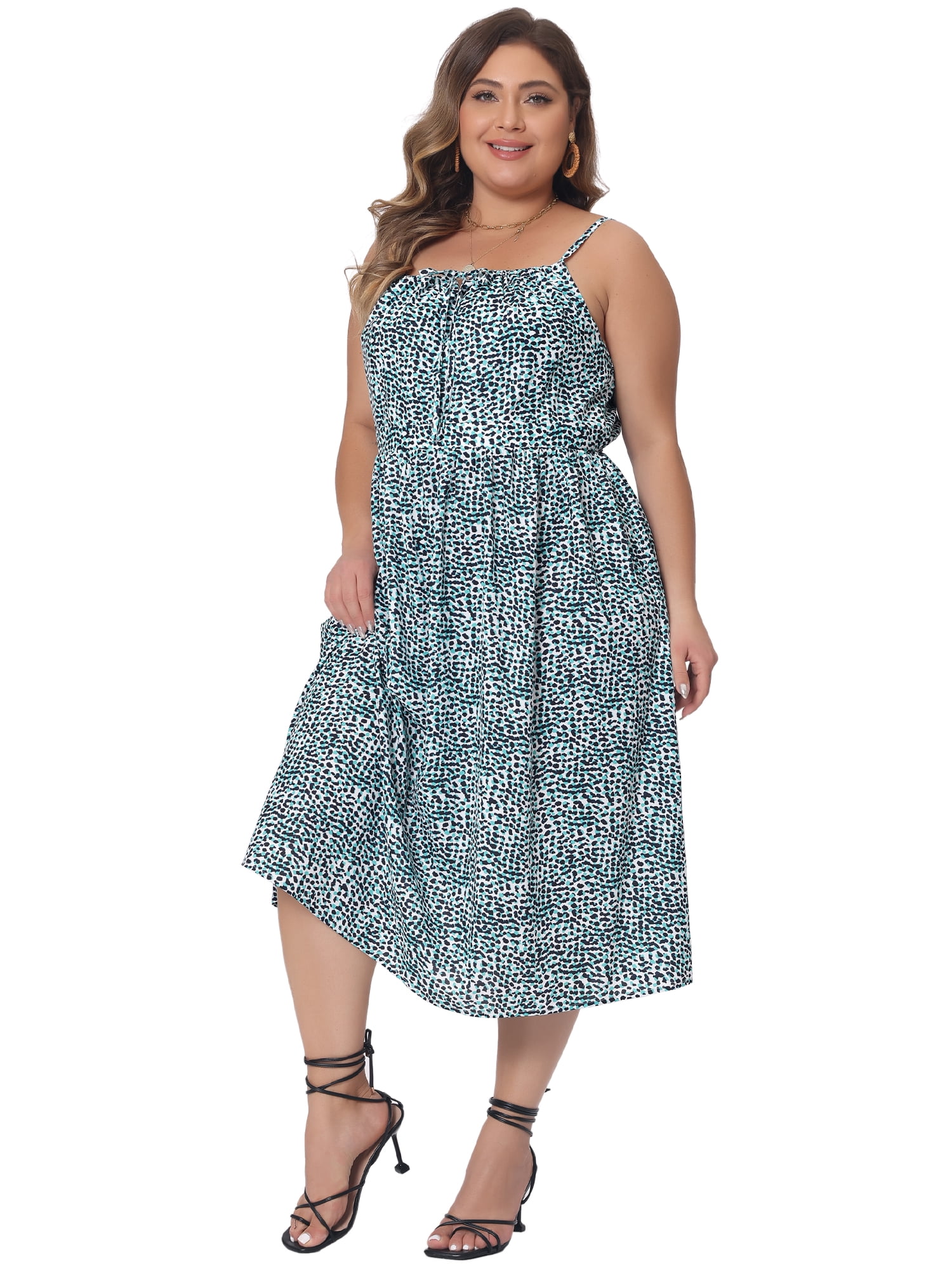 DARING DIVA Women's Plus Size Tie Front Spaghetti Strap Midi Floral Dress 4X Green