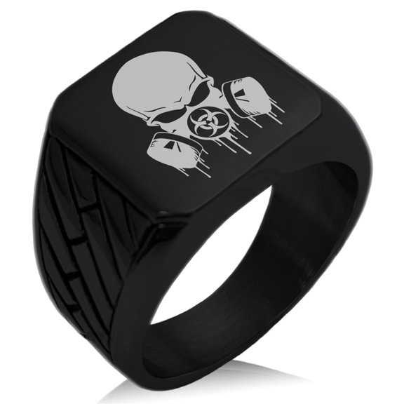 Stainless Steel Biohazard Skull Gas Mask Geometric Pattern Biker Style Polished Ring