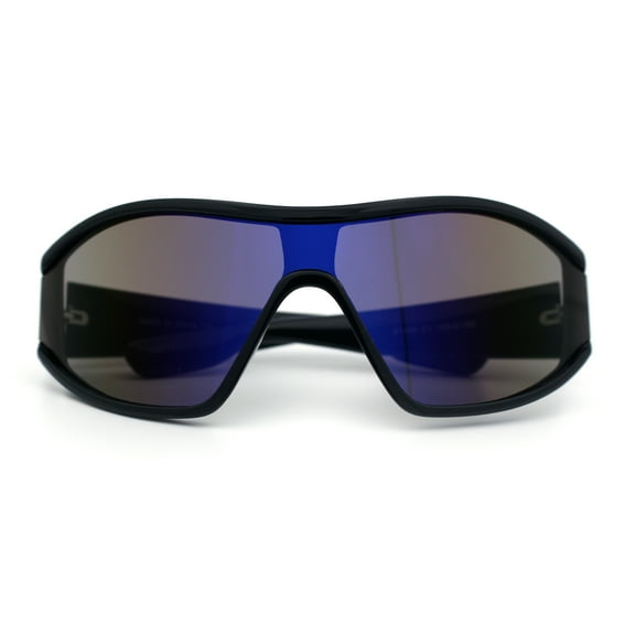 Wrap Curved Color Mirror Oversize Shield Sport Plastic Sunglasses Black - Blue Mirror