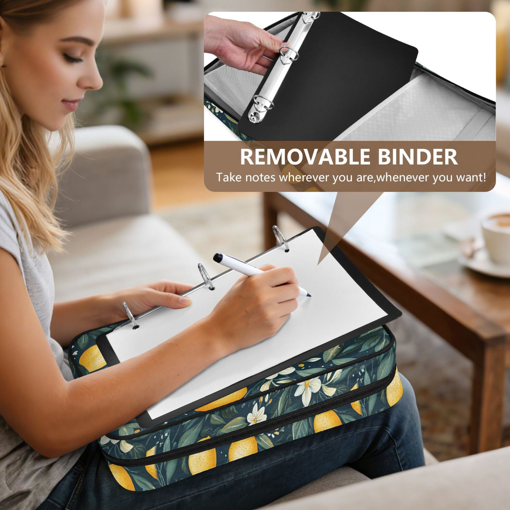 FORMRS Accordion File Folder A4 Size 7-Pocket Expanding Document Organizer Bag with 3 Ring Binder, Blue Floral Lemons