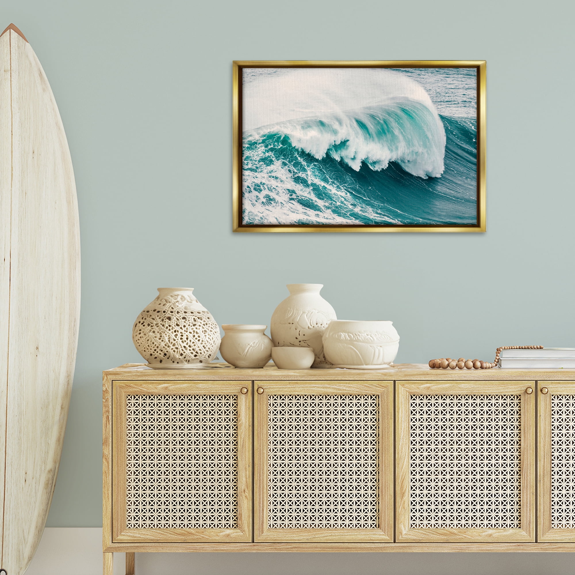 Stupell Industries Large Breaking Wave Nautical & Beach Photography Gold Floater Framed Canvas Art Print Wall Art, 31 x 21