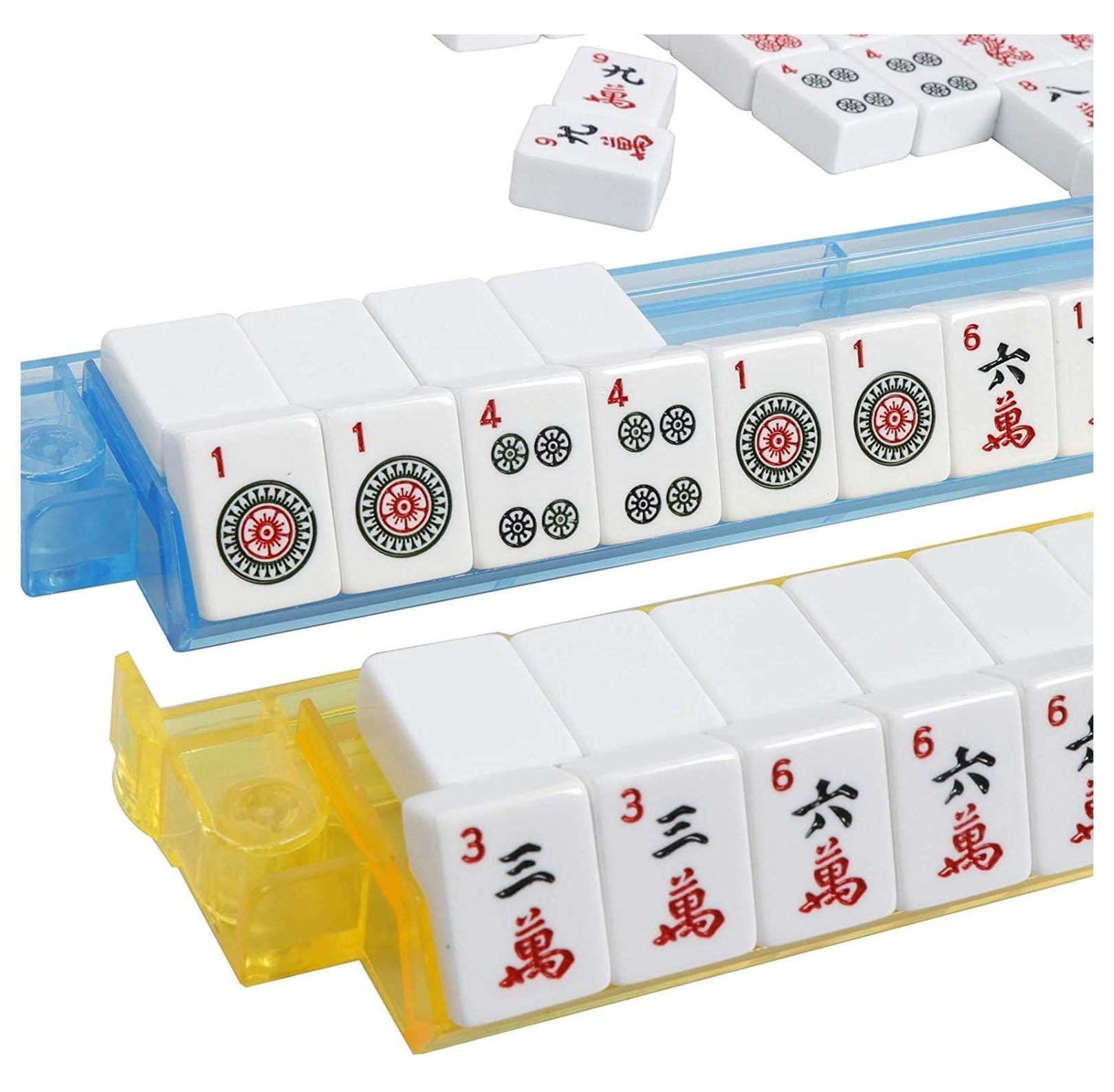 American Mahjong Set - Black Soft Bag - 166 White Engraved Tiles, 4 All-in-One Rack/Pushers Western Mah Jongg Game Set