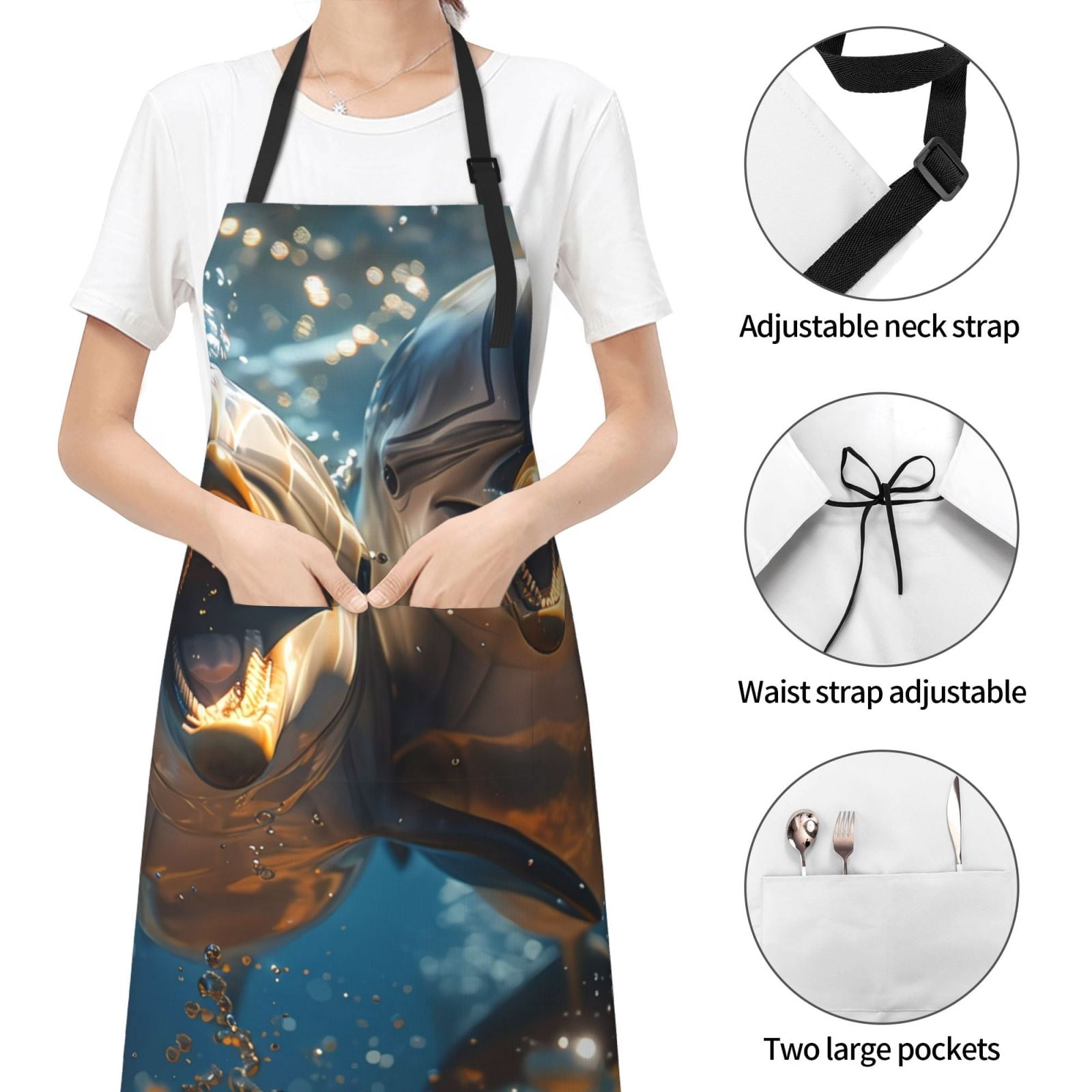 Kdxio Playful Dolphins Underwater Apron with Pockets Adjustable Kitchen Aprons for Men Women Waterproof Aprons for Cooking,Drawing,Crafting, Baking Household Cleaning