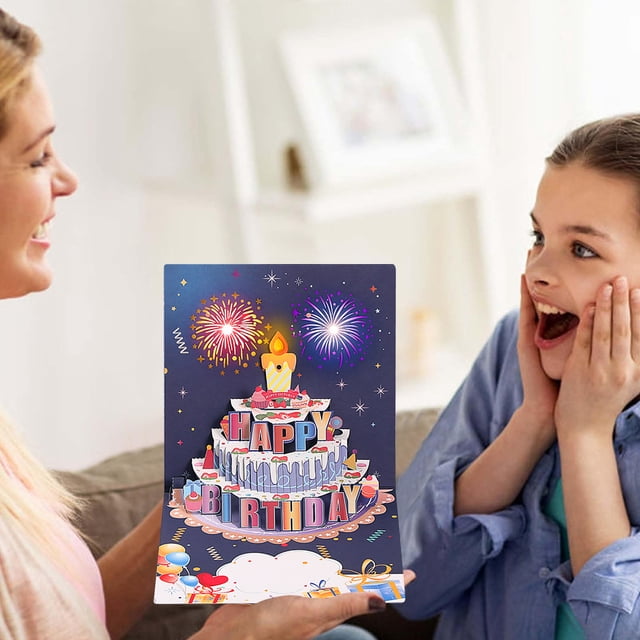 Tarjetas de felicitación de cumpleaños 3D, divertidas tarjetas de pastel de fuegos artificiales, novedad para mujeres, hombres y niños