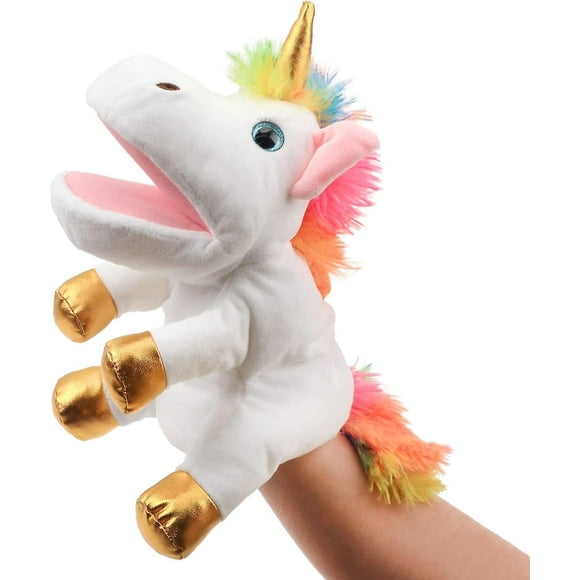 Plush Unicorn Hand Puppet with Open Movable Mouth for Imaginative Play, Role Play, Interactive Toy for Storytelling Teaching Puppet Theater, Birthday