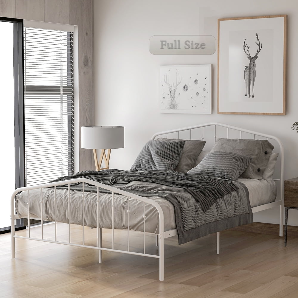 Full Size Metal Bed Frame with Headboard and Footboard, Modern White