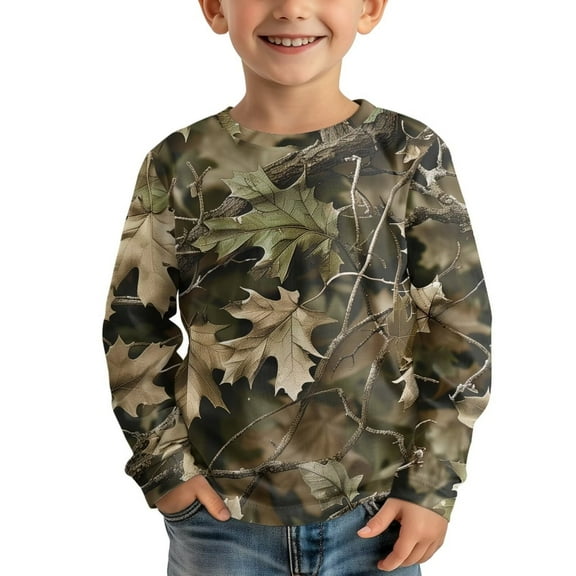 Garronmavis Cute Green Camo Boys Long Sleeve T-Shirts Size 3-4 Loose Kids Crewneck T-Shirts Fall Tops Lightweight Kids Basic Soft Long Sleeve Tees Top for Outdoor Activities