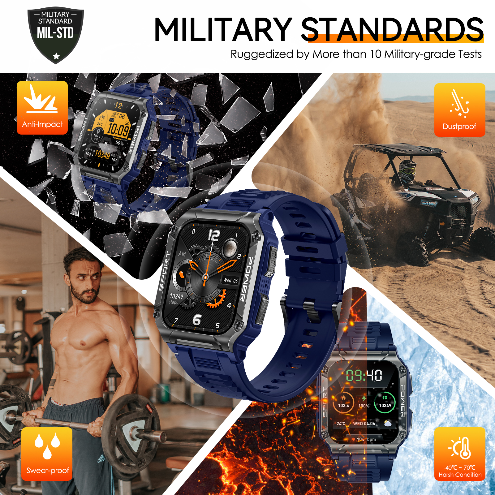 Cyberdyer Military Smart Watch Bluetooth 1.95 mm Black Zinc Alloy Case with Black Silicone Band